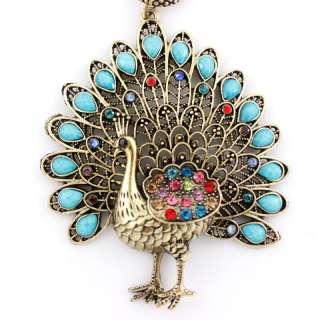 Gorgeous Gold tone Big Full Crystal Peacock Pendant NECKLACE  