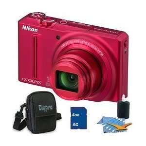  Nikon COOLPIX S9100 12MP Red Digital Camera 4GB Bundle 