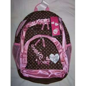  Brown & Pink Polka Dot Rhinestone Skull Backpack Book Bag 