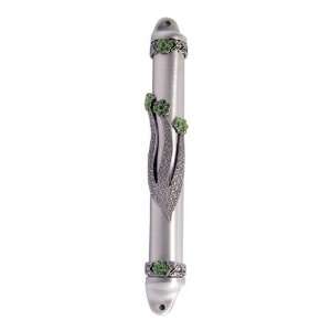 Metal Mezuzah Case with Olive Green Colored Crystals   Floral Designed 