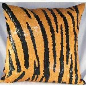   Over Sequin Design Tiger Pillow in Black and Orange