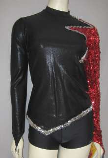LONG BLACK+RED SEQUIN SLEEVE+STAR JACKET DANCE COSTUME Size M  