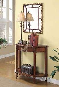 NEW 3PC BROWN WOOD CONSOLE TABLE SET W/ MIRROR & LAMP  