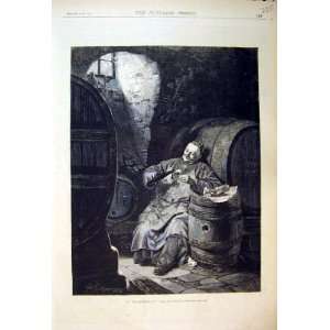 1874 Antique Print Connoisseur Man Barrel Drinking 
