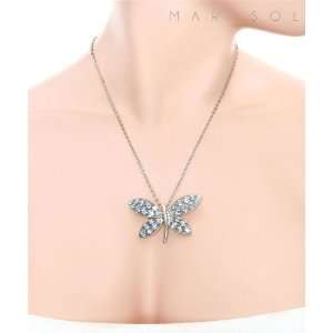  Blue Rhinestones Butterfly Pendant Silver Necklace 