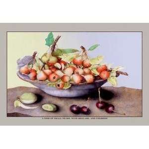  Vintage Art Dish of Small Pears With Medlars and Cherries 