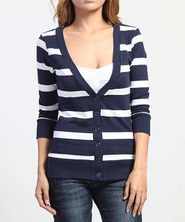 MOGAN Bold Stripe Cozy 3/4 Sleeve CARDIGAN Button Up V neck Fitted Tee 