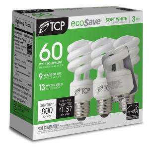 TCP EcoSave 13 Watt (60W) Soft White SpringLamp CFL Light Bulb (3 Pack 