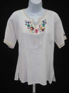 QUICHUA CREATIONS White Floral Embroidered Shirt Sz L  