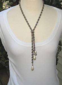   Silver Twist Chain SLIDE Necklace with Faux Pearl Drop Pendants  
