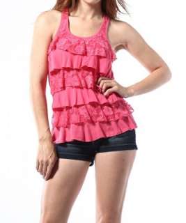   Lace Tiered RACER BACK RUFFLE TANK TOP Cozy Sleeveless TEE  