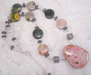 Rare Pink Green Ocean Jasper and Bali Silver Necklace  
