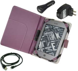 Purple Leather Case Cover for  Kindle Touch+USB Cord+Car+Wall 