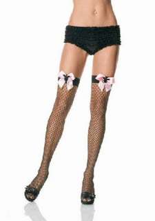 Black fishnet stockings with pink satin bow and plush bat charm. One 