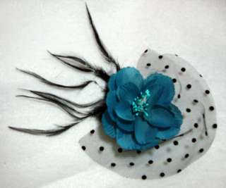 Teal Black and Feather Flower Veil Hair Clip and Pin  