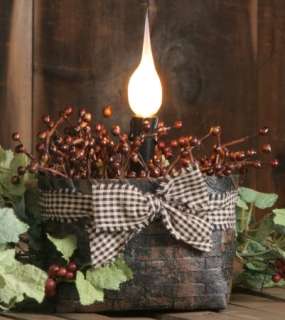 PRIMITIVE ELECTRIC CANDLE LIGHT LAMP IN BASKET~BERRIES  