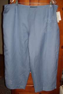 NWT $90 LARRY LEVINE Blue Linen Beaded Capri Pants 24W  