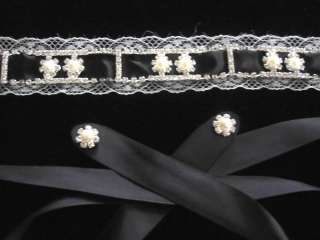 Bridal Rhinestone Headband Black Ribbon Pearls Crystals  