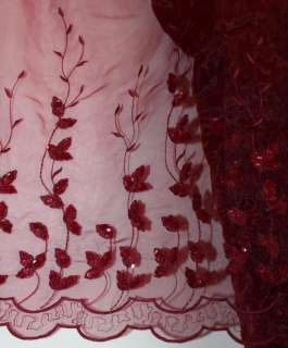 BURGUNDY Embroidered Pageant Bridal ORGANZA Fabric Double Border FREE 