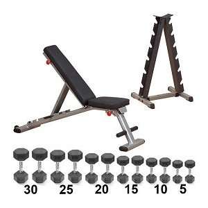  Body Solid Bench w/ Rubber Dumbbells and Rack Package 
