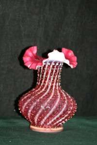 Beautiful Fenton Cranberry Glass Hobnail Swirl Opalescent Crested 7 