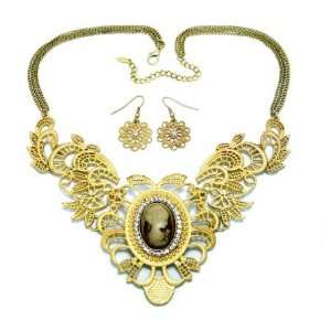   Cameo Fashion Necklace Set   Matte Gold Plated Womens Jewelry