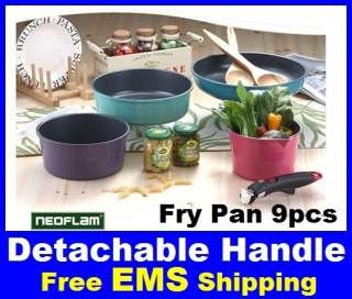 NeoFlam 9pcs Cookware Set, Fry Pan, Pot, Detachable Handle