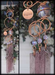   Stained Glass Wind Chimes Copper Metal Garden Art Sculpture Lilac
