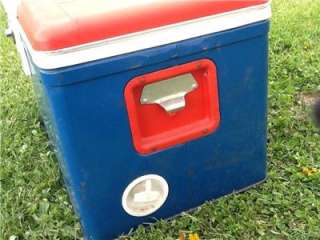 Vtg Poloron Camping Picnic Beer Cooler Ice Box Chest Red Blue Metal 