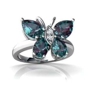  14K White Gold Pear Created Alexandrite Butterfly Ring 