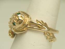 14K Yellow Gold Happy Jumping Frog Ring Emerald Eyes  