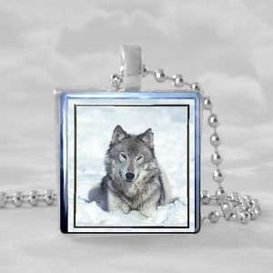 Gray Wolf Winter Glass Crystal Pendant Necklace and Chain  