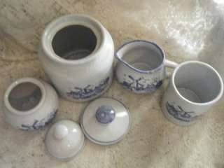   Blue Stoneware~Windmill~Set/Cream/Sugar/Spooner/Honey Jar Set  