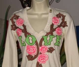 JOYSTICK Cream Hand Embroidered Floral Love V Neck Tee T Shirt Petite 