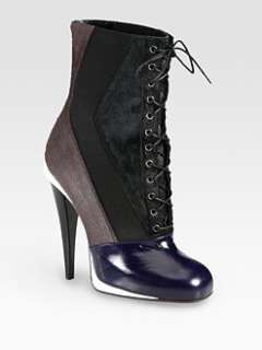 Fendi   Calf Hair and Leather Colorblock Lace Up Ankle Boots