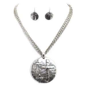 com Hammered Cross Pendant Necklace Set; 18L; Burnished Silver Metal 