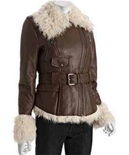 Andrew Marc chocolate lamb shearling moto belted jacket   up 