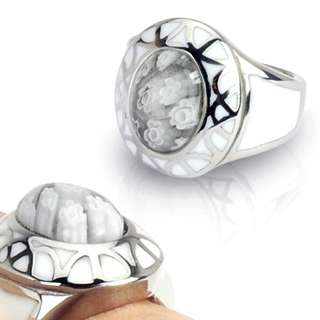   White Murano Glass Cast Multi Flower Glass Center Ring Sz7~Sz12  