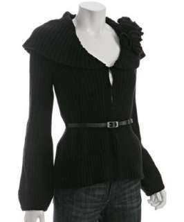 Magaschoni black cotton cashmere rosette belted cardigan  BLUEFLY up 