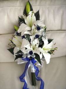 WEDDING BOUQUET SET, REAL TOUCH LILY ROYAL BLUE ROSE  