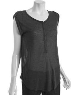 Three Dots charcoal jersey rolled up sleeve henley tank   up 