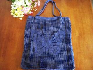 Chic Hand Crochet Butterfly Tote Shopping Bag Blue  