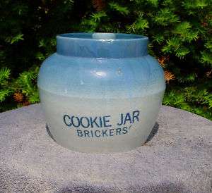 Blue and White Stoneware Brickers Cookie Jar w/ Lid  