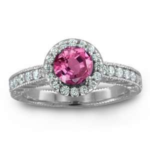 Natural Pink Sapphire Diamond Engagement Ring 18k White Gold Halo Ring 